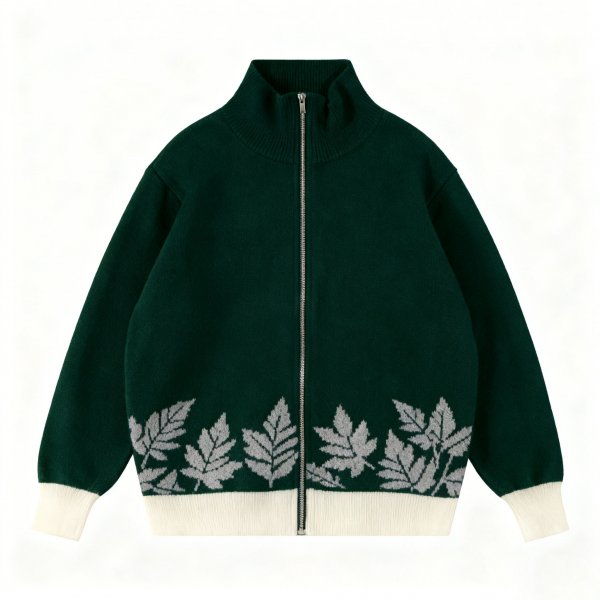 Women's Dark Green Knit Zip-Up Cardigan with Gray Leaf Hem Print