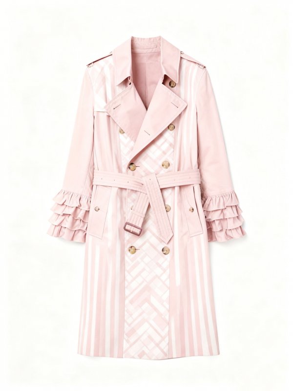 Women's Pink Stripe & Plaid Trench Coat with Ruffled Cuffs