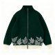 Women's Dark Green Knit Zip-Up Cardigan with Gray Leaf Hem Print