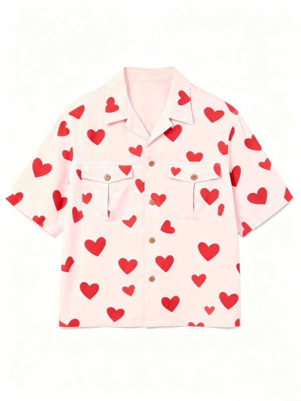 Men's Pink Short-Sleeve Shirt with Red Heart Print