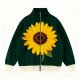 Women's Dark Green Knit Zip-Up Cardigan with Large Sunflower Print