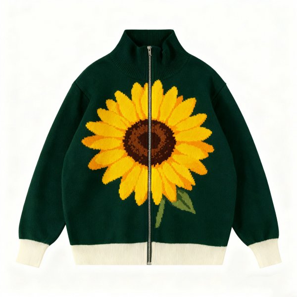 Women's Dark Green Knit Zip-Up Cardigan with Large Sunflower Print