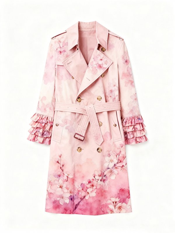 Women's Pink Watercolor Cherry Blossom Trench Coat with Ruffled Cuffs