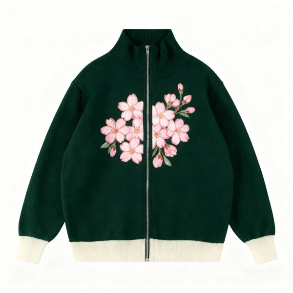 Women's Dark Green Knit Zip-Up Cardigan with Pink Cherry Blossom Embroidery