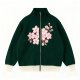 Women's Dark Green Knit Zip-Up Cardigan with Pink Cherry Blossom Embroidery