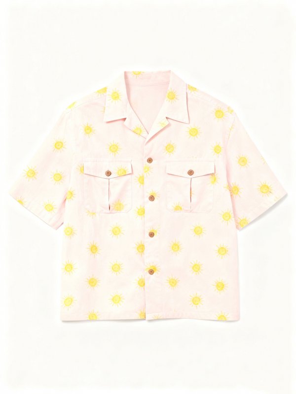 Men's Pink Short-Sleeve Shirt with Yellow Sun Print