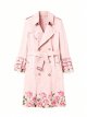 Women's Pink Trench Coat with Rose Print & Ruffled Cuffs