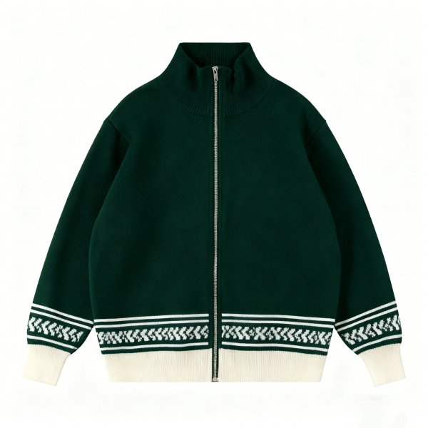 Women's Dark Green Knit Zip-Up Cardigan with White Geometric Stripe Trim