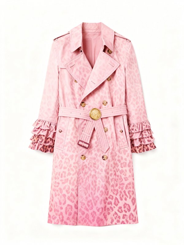 Women's Pink Leopard-Print Trench Coat with Statement Belt Buckle