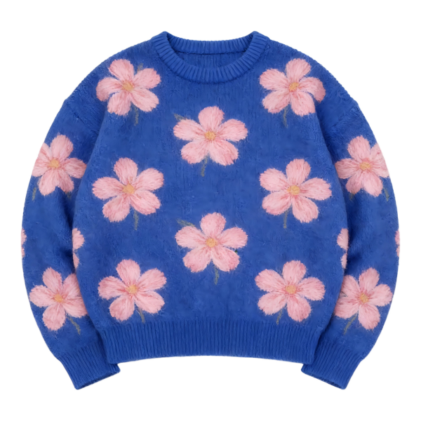 Blue Sweater with Pink Floral Pattern