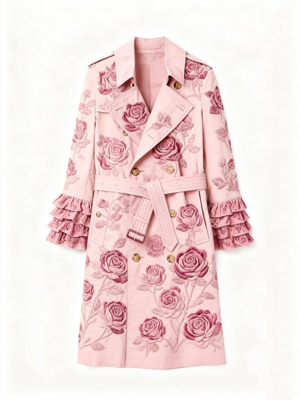 Women's Pink Trench Coat with 3D Rose Embroidery