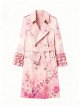 Women's Pink Watercolor Cherry Blossom Trench Coat with Ruffled Cuffs